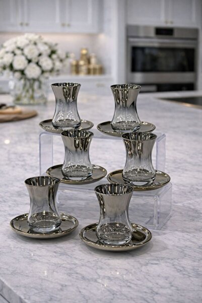 isra kristal Lüks Gümüş 6’lı Cam Çay Seti – Şık Çay Bardağı ve Tabak Takımı –...