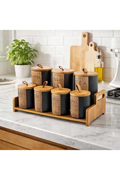 Dania 7-piece ceramic sugar, tea and spice canister set with lid and wooden holder