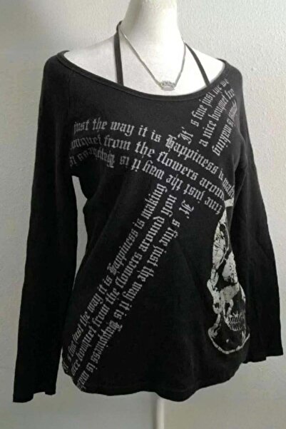 8line Μαύρο γοτθικό μακρυμάνικο μπλουζάκι με λουράκια Y2K