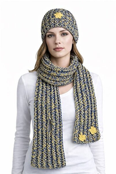 Uretti - Emine 9106 4643 Hand Knitted Beanie and Scarf Set - Gray
