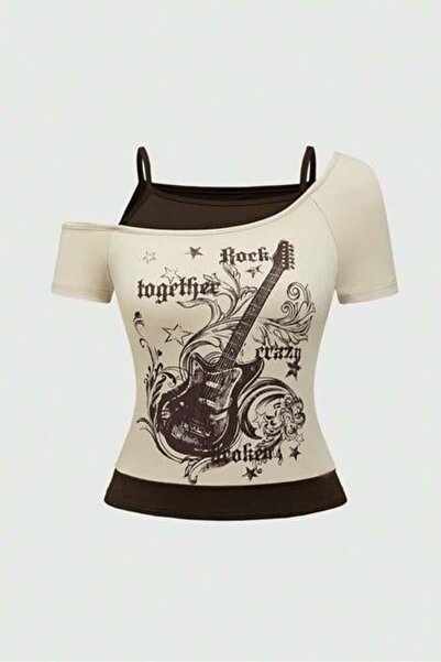 8line Beige Rock Together Brown Guitar Short Sleeve Full Body Crop with Addit...