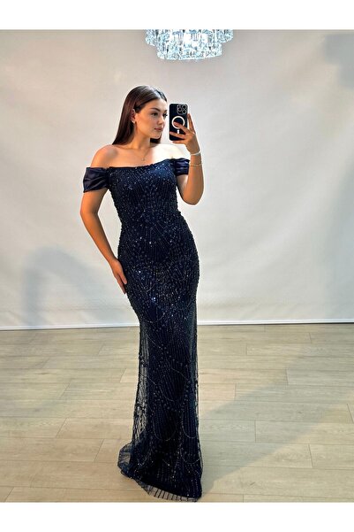 OLA Divor Boncuk Ve Payet İşlemeli Saten Düşük Kollu Lacivert Abiye Elbise