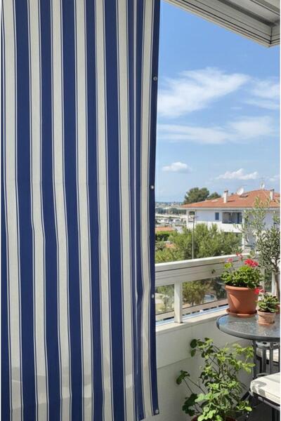 özsa Balkon Perdesi EnxBoy Seçenekli Kuşgözlü Balkon Brandası Mavi Beyaz