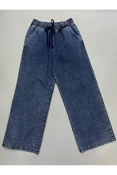 İDOL GİYİM Women's Blue Denim Elastic Waist Lace-Up Wide Leg Pants