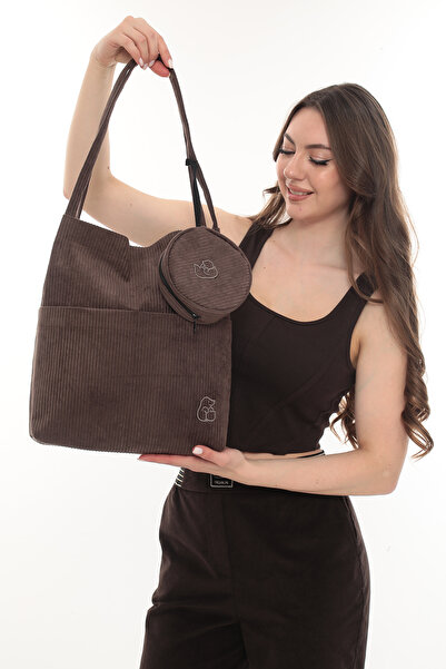 KOSTEBAG VELORA Kahverengi Fitilli Kadife 32x38cm Bez Çanta + Yuvarlak Mini Ç...