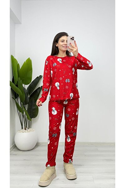 TUNAM BUTİK Pj14 Suede Snowman Pajama Set Fit Mold Red