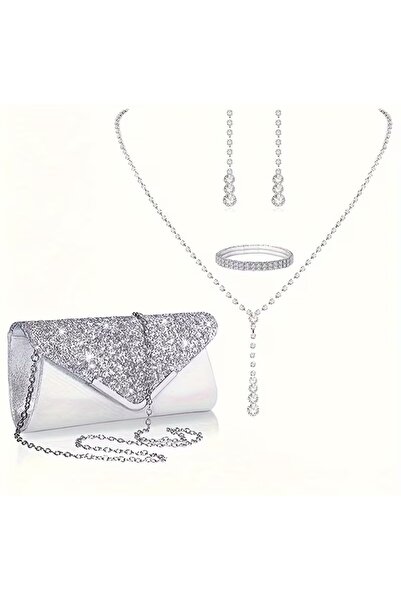 stainless steell VİP gümüş renk 5 parça çanta küpe kolye bileklik set