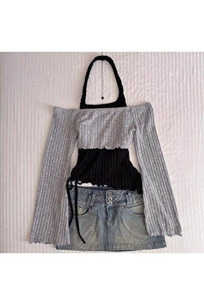 8line Μπλούζα με γκρι λαιμόκοψη με διπλό κομμάτι ασύμμετρης κοπής με ισπανικά...