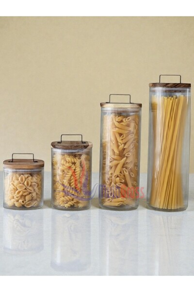 Multiamo 4-Piece Pinterest Striped Model Square Base Acacia Lid Glass Storage Container 10X10/15/25/30Cm