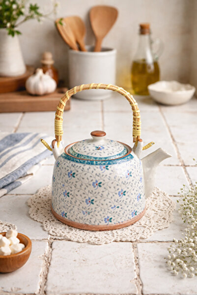 ELZEY HOME Decorative Porcelain Teapot with Bamboo Handle 1000 ml