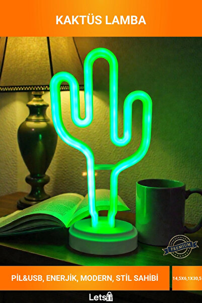 Letsii Modern Dekoratif Yeşil Neon Işıklı Kaktüs Figürlü USB ve Pilli Masa Ge...