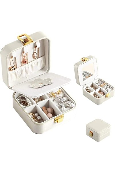 Arabest صندوق صغير لتنظيم المجوهرات للسفر، حقيبة سفر صغيرة محمولة للمجوهرات مزودة بقفل مرآة (أبيض)