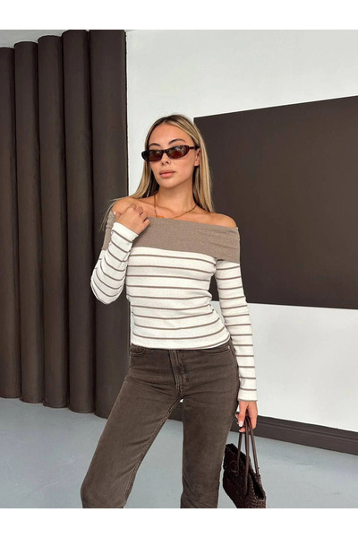 Zerenyus Striped Madonna Collar Ribbed Knit Blouse Beige