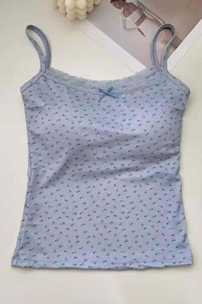 8line Blue Little Bow and Floral Patterned Strap Crop