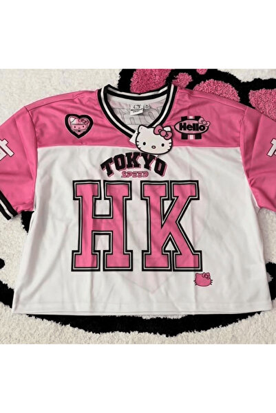8line White Hello Kitty Pink Segmented Tokyo Speed Hk Short Sleeve Crop