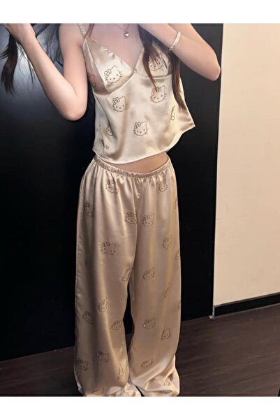 BALİNA Bej Hello Kitty Taş Detaylı Saten Homewear Pijama Takımı
