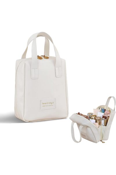 Arabest حقيبة مكياج، حقيبة تنظيم مكياج محمولة مقاومة للماء مصنوعة من جلد البولي يوريثان، مزودة بأقسام ومقابض، لون أبيض