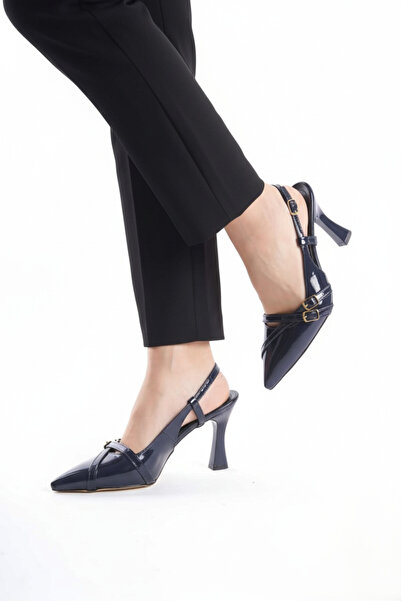 Catelyn Women's Navy Blue Patent Leather Stiletto Open Back Cross Buckle Helmeted Pointed Toe 8 cm Heeled Shoes