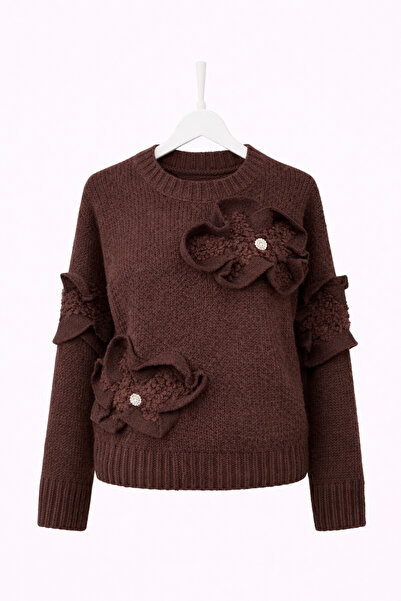 günay boutıque Brown Knit Sweater with Floral Applique