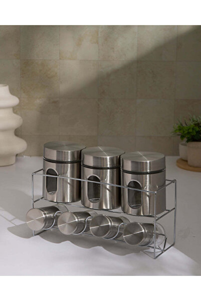 REDTAG Silver Glass Spice Jar With Metal Stand Set (8 Piece)