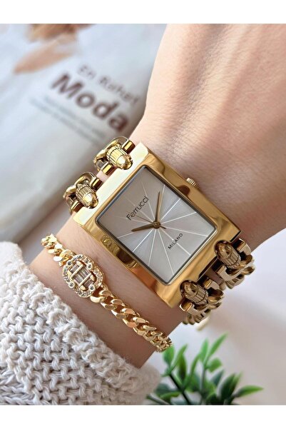 Ferrucci ساعة يد نسائية + سوار من سلسلة خاصة، سوار فولاذي بلون أسود لا يتأكسد VS.BLKT.0734