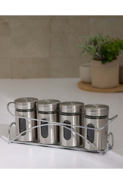 REDTAG Silver Glass Spice Jar With Metal Stand Set (5 Piece)
