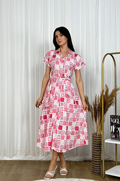 Klex Patterned Shirt Collar Short Sleeve Midi Length Dress
