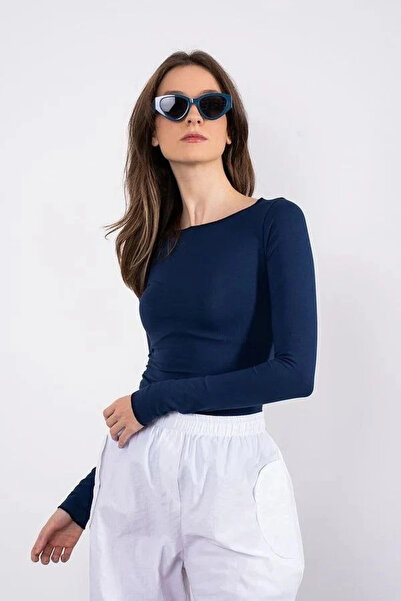 Zerenyus Boat Neck Long Sleeve Blouse Navy Blue