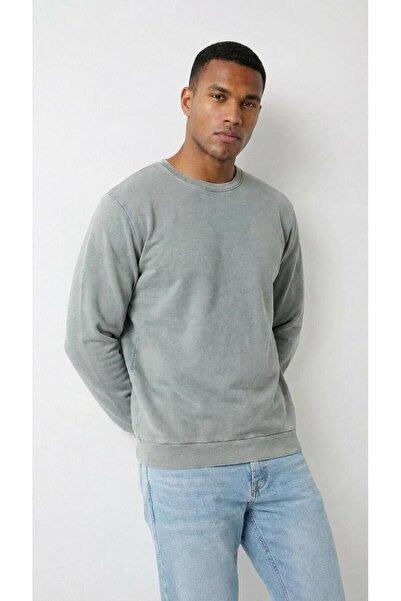 KLY سويت شيرت رجالي أساسي برقبة دائرية وأكمام طويلة 100% قطن لون رمادي C4T0N5