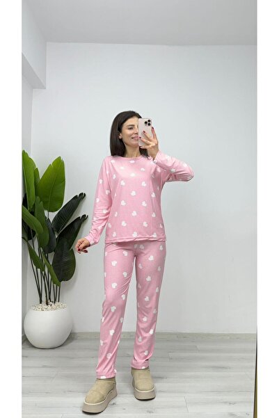 TUNAM BUTİK Pj14 Suede Heart Pajama Set Fit Mold Pink