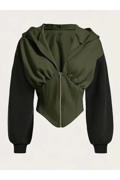 BALİNA Yeşil Uzun Kollu Korse Kesim Fermuarlı Hırka