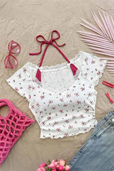 8line Red Lace Madonna Collar Short Sleeve Crop with Additional Straps