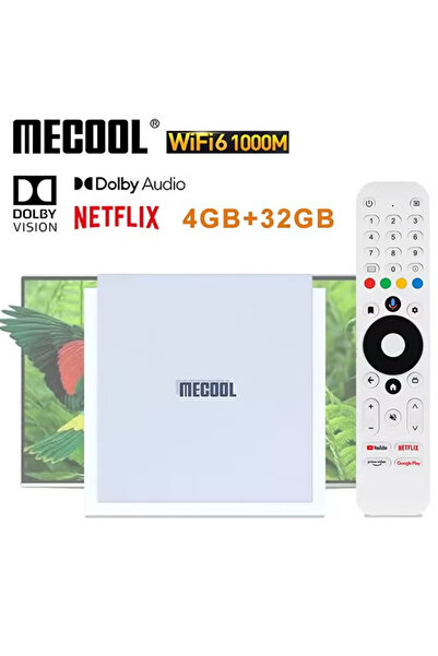 mecool جهاز تلفزيون أندرويد ديلوكس بسعة 32 جيجابايت يدعم نتفليكس 4K، وجوجل تي في، ودولبي فيجن، وذاكرة وصول عشوائي 4 جيجابايت DDR4، وشبكة محلية بسرعة 1000 ميجابت/ثانية، وواي فاي، و6 قنوات تلفزيونية عبر بروتوكول الإنترنت (IPTV).