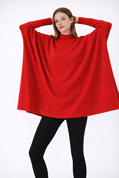 MISSRUBA Kadın Yırtmaçlı Kırmızı Panço Kazak DP0001