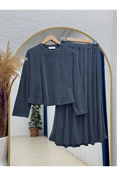 MİHRA STORE طقم دارينكا بخياطة جلدية أمامية مع تنورة بيكيه - NL673 أنثراسيت