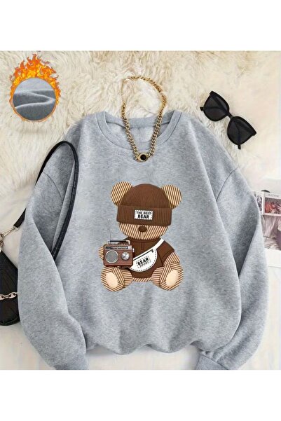 herkesemoda Cel mai bun imprimeu cu ursuleți, detaliat guler rotund Swea tricou