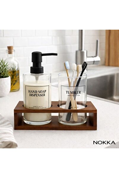 NOKKA Akasya Stantlı Cam Sıvı Sabunluk Ve Diş Fırçalık Seti, 430 ml Sıvı Sabu...