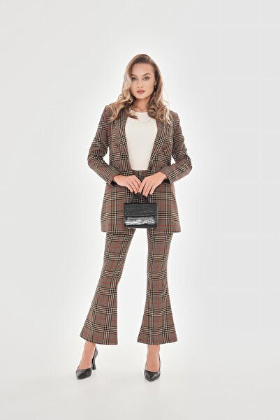 VELİZADE Kadın Yüksek Bel Ekose Desenli İspanyol Paça Havuç Pantolon – Premiu...