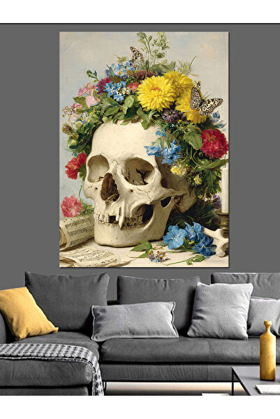 KanvasSepeti Craniu cu flori Pictură în ulei de înaltă calitate texturat Canv...