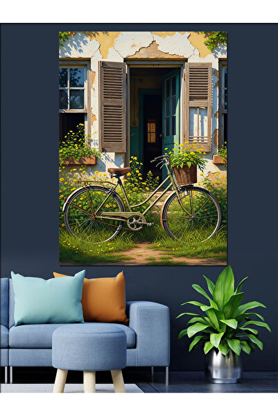 KanvasSepeti Bicicletă, Casă, Vară, Pictură în ulei de înaltă calitate, textu...