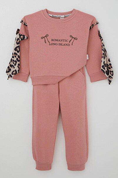 Donino Baby Donino Girl's Tracksuit Set with Leopard Sleeves and Bow Accessories, Text Printed 2-5 Years Old, Dusty Rose