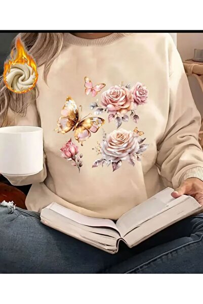 herkesemoda Detaliu de imprimare cu fluturi și trandafiri guler rotund Swea t...