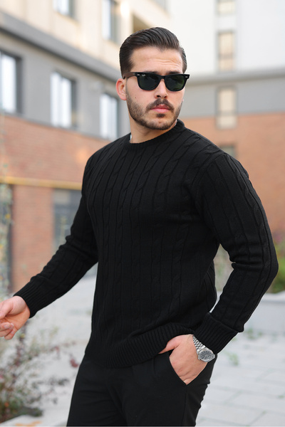 viyamen Πλεκτό ανδρικό πουλόβερ με σχέδιο πλεξούδας - Μαύρο, Λευκό, Δαμασκηνί