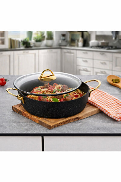EVREN MUTFAK 22 Cm Goldstone Ezme Seri Basık Tencere, Non-Stick Pilav Karnıya...