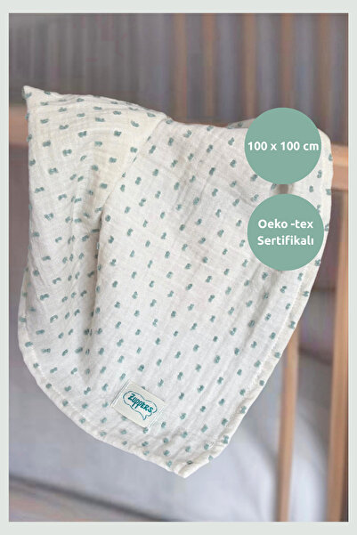 Zuppers Bebek Müslin Örtü & Battaniye - 100x100cm - Yeşil Ponpon