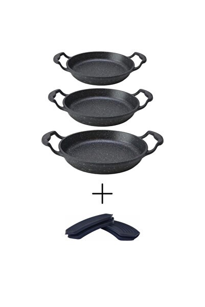 Komşu Züccaciye Black Granite Coated Cast Aluminum Cookware Set 3-Piece (18-20-22 cm) + 1 Pair of Pan Handle Grips
