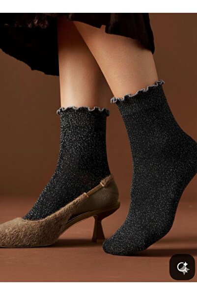 TGSocks Simli Fırfırlı Kadın Soket Çorap | Zarif Parlak Dokulu | Şık & Özel Gün Kombinleri