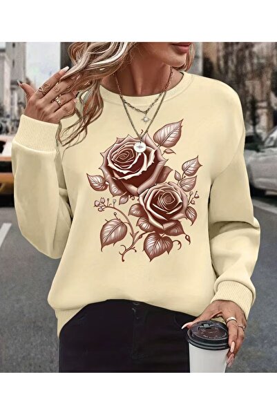 herkesemoda Rose Print Detailed Crew Neck Sweatshirt