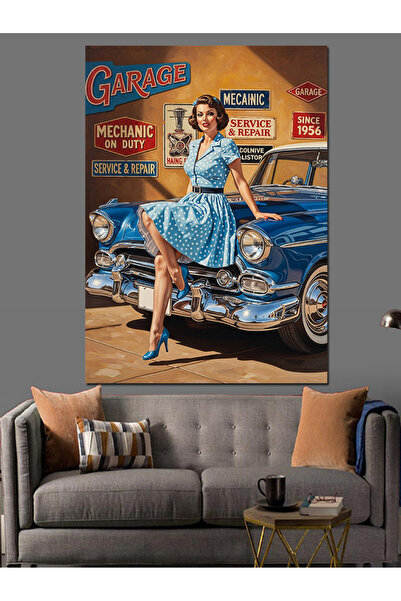 KanvasSepeti Blue Car Pinup Pictură în ulei de înaltă calitate texturat Canva...