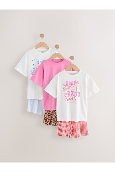 Next Baby Cotton Blue/Pink Floral Pattern Short Sleeve Pajamas 3 Piece Bottom Top Set